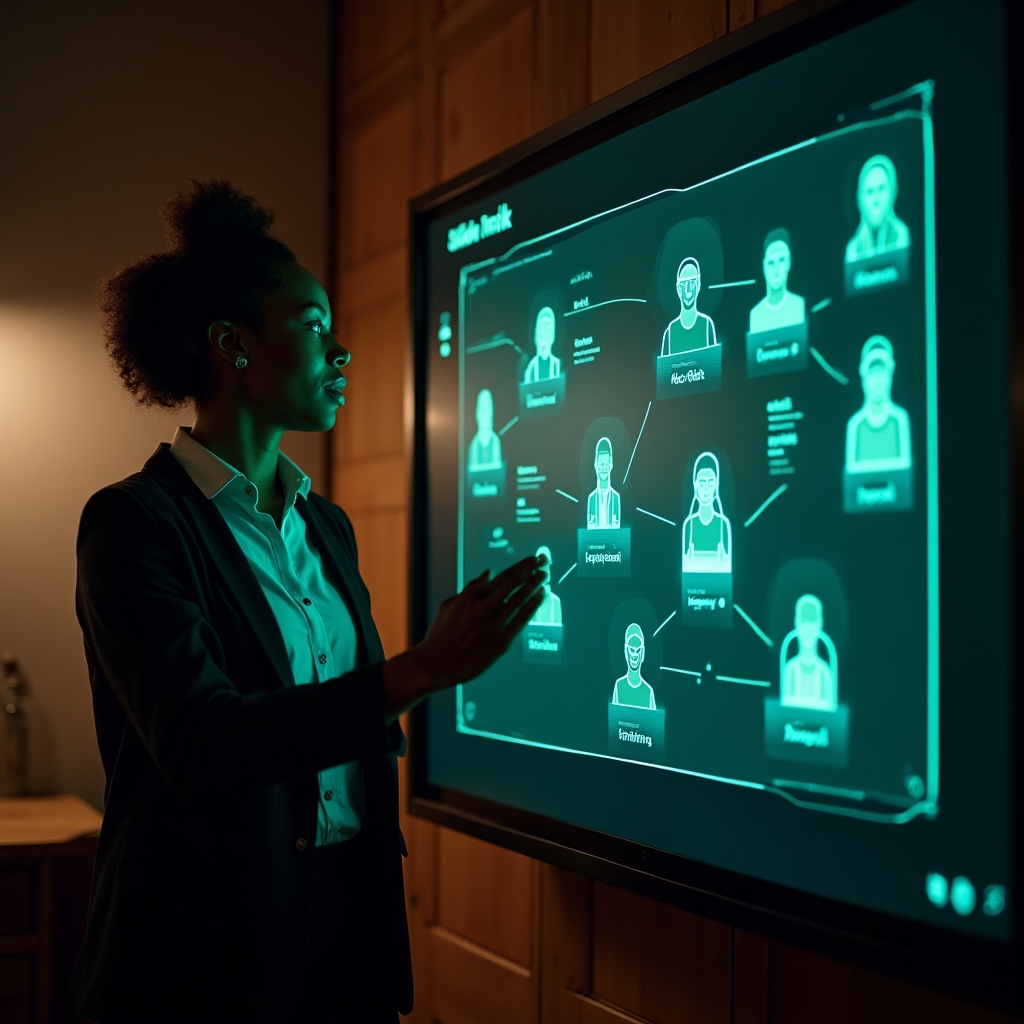 Creative director assigning tasks on a digital skill-routing board in the studio