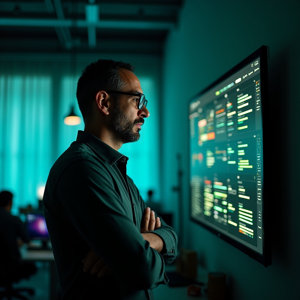 Creative team viewing an automated workflow dashboard in a studio office