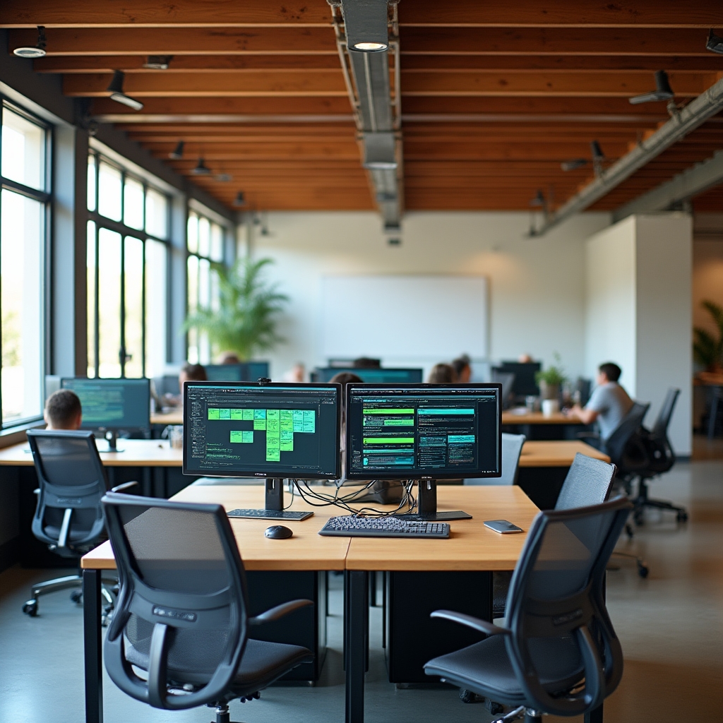 Modern creative studio workspace in Western Australia with desks and monitors showing project timelines
