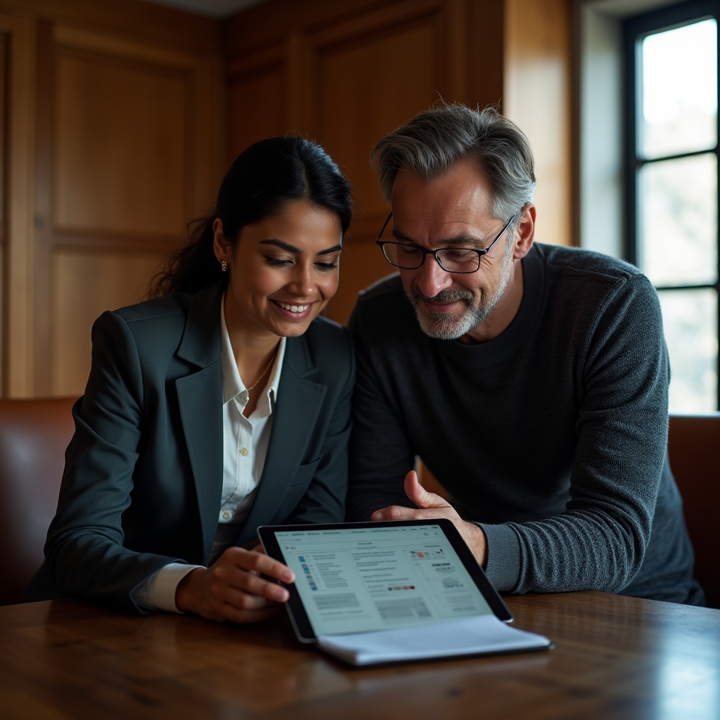 Account manager and studio lead reviewing an incoming client brief on a tablet