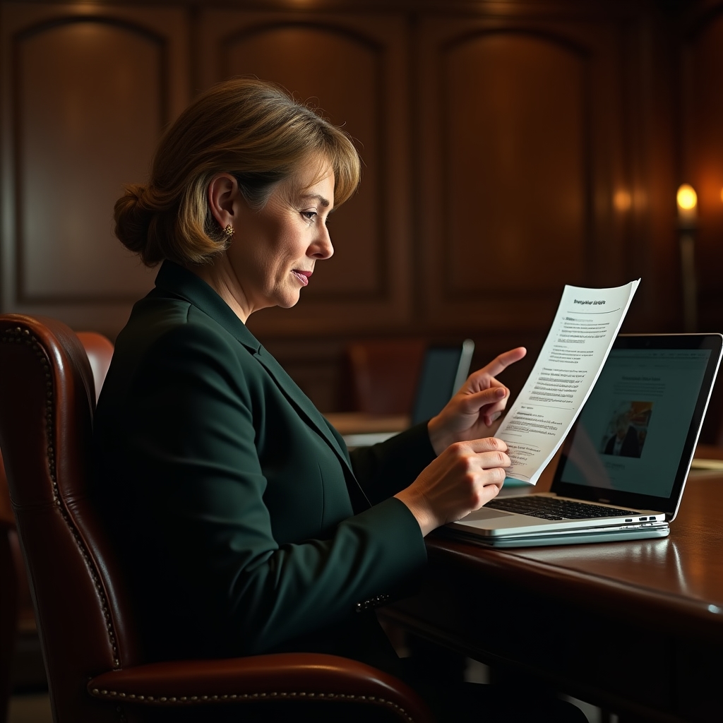 Studio director reviewing a printed weekly progress summary report in a meeting room